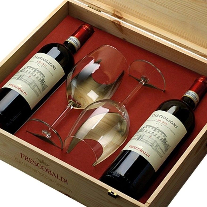 Marchese de’ Frescobaldi Castiglioni Chianti – Cassetta in Legno con 2 Bottiglie e 2 Calici