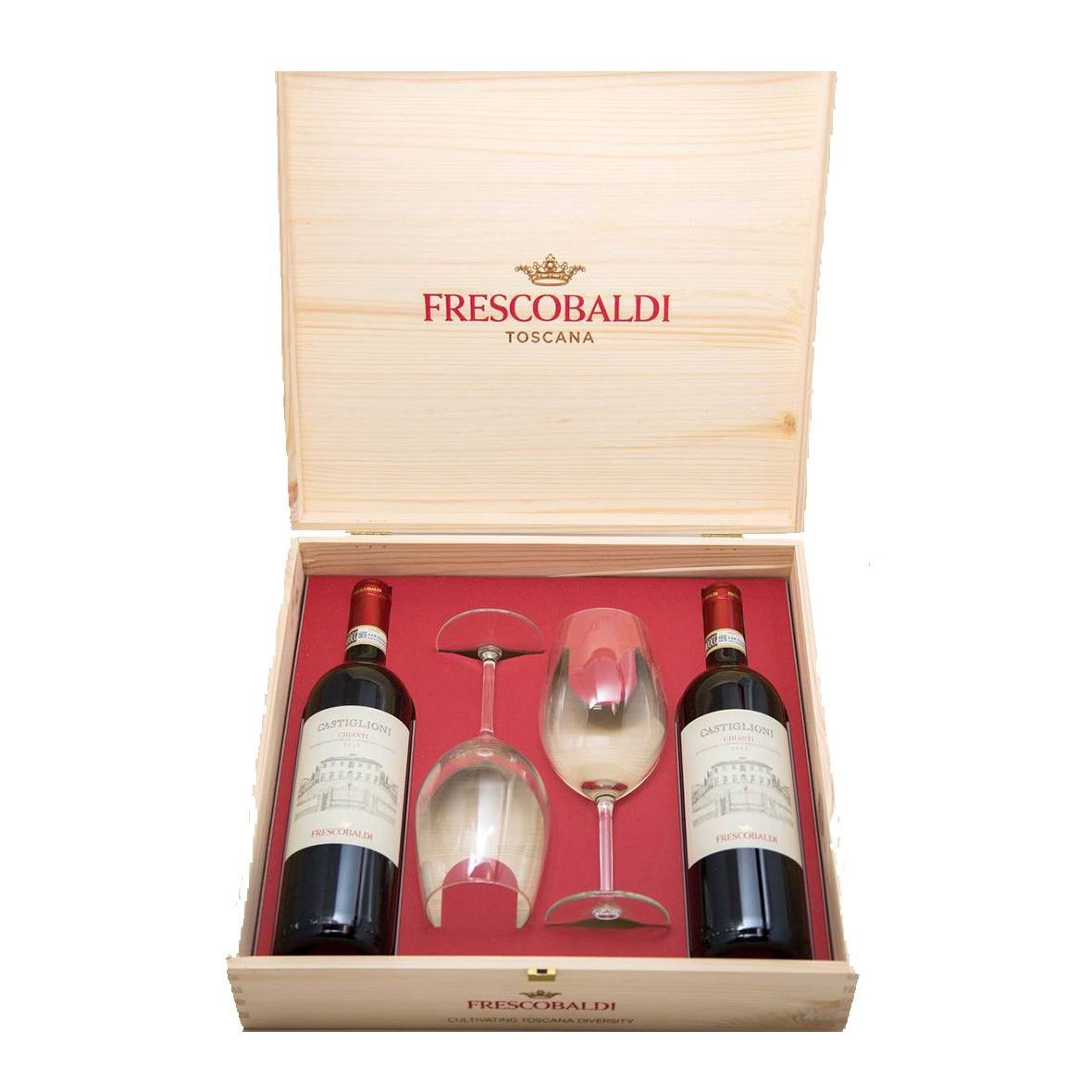 Marchese de’ Frescobaldi Castiglioni Chianti – Cassetta in Legno con 2 Bottiglie e 2 Calici